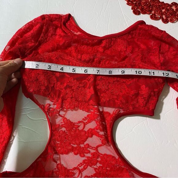 Weissman Elite dance costume red Lace Open Back Leotard long sleev SL10073 MC - Picture 7 of 10